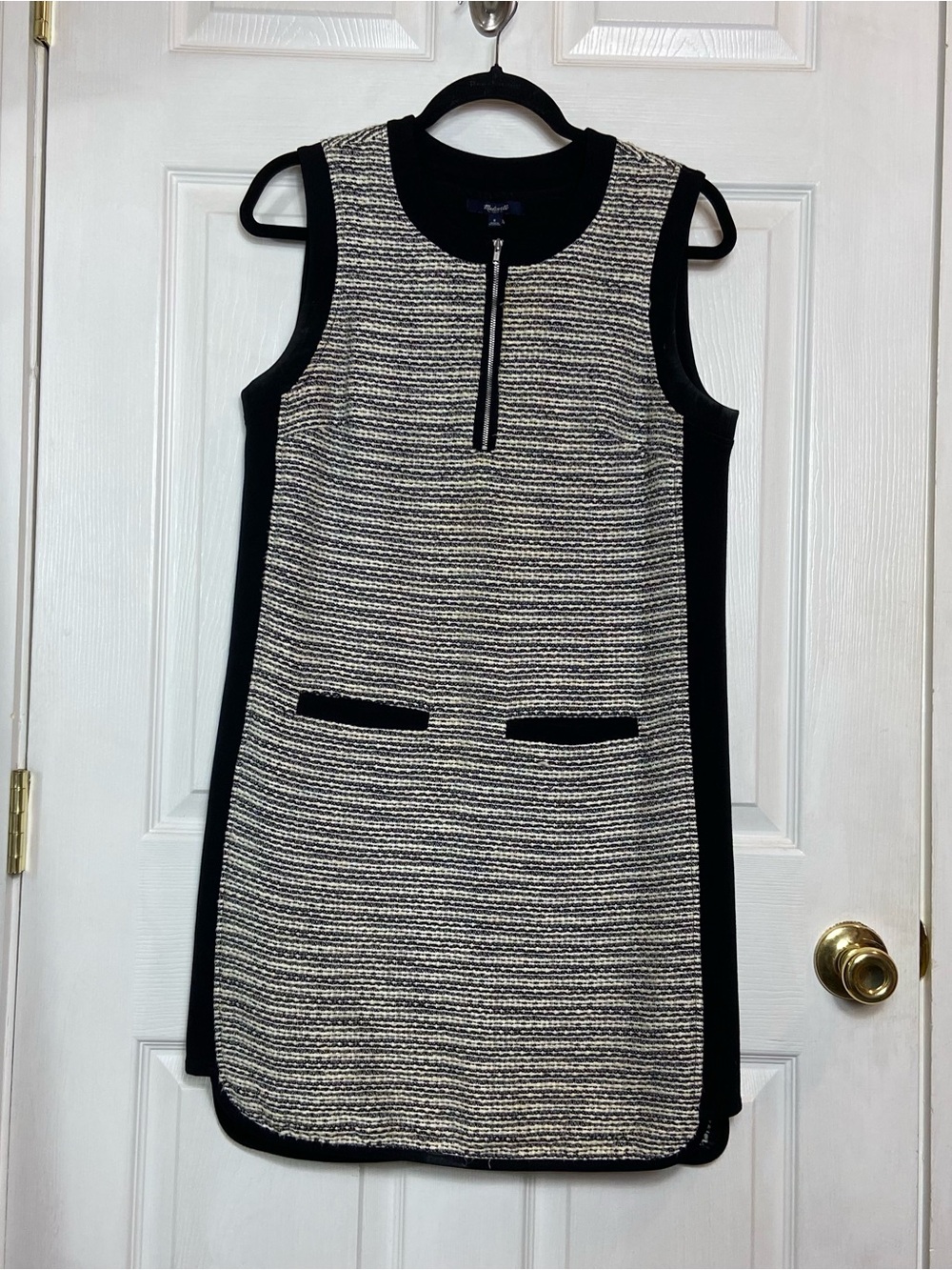 Madewell Black & Cream Textured Tweed Mini Dress with Zip